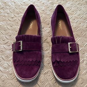 Vionic Plum Suede Kiltie Loafers with Buckle